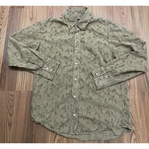 BOSS Hugo Boss Button Up Shirt Men Large Beige Floral Embroidered Cotton Cupro